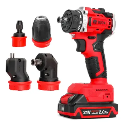 TALADRO CON CABEZAS INTERCAMBIABLES 5 EN 1 21V CON DOS BATERIAS 2 AMP MAX Y CARGADOR