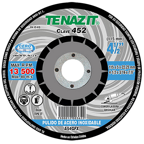DISCO P/PULIDO ACERO INOXIDABLE 4 1/2 X 1/4 X 7/8 TENAZIT ACABADO FINO