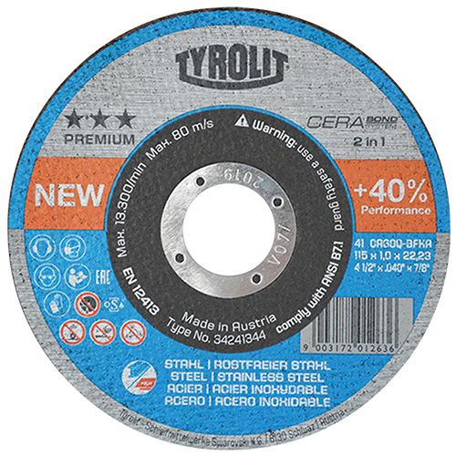 DISCO P/CORTE METAL SUPERDELGADO 4 1/2 X 1mm X 7/8 AC. INOX. PREMIUM TYROLIT-AUS