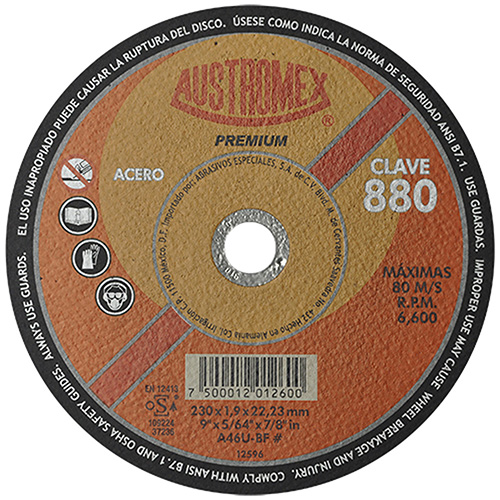 DISCO P/CORTE METAL SUPERDELGADO 9 X 5/64 X 7/8 AC. AL CARBON PREMIUM MAX. REND.