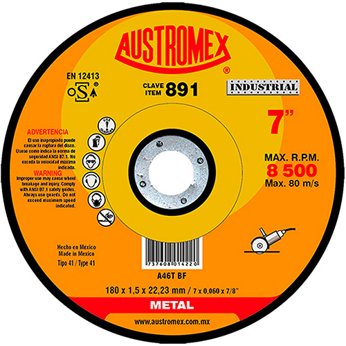 DISCO P/CORTE METAL SUPERDELGADO 7 X 1/16 X 7/8 AC. AL CARBON INDUSTRIAL MAX. RE