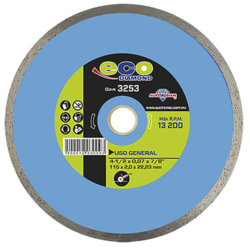 DISCO DE DIAMANTE P/USO GENERAL 4 1/2 X 0.080 X 7/8 RIN CONTINUO ECODIAMOND