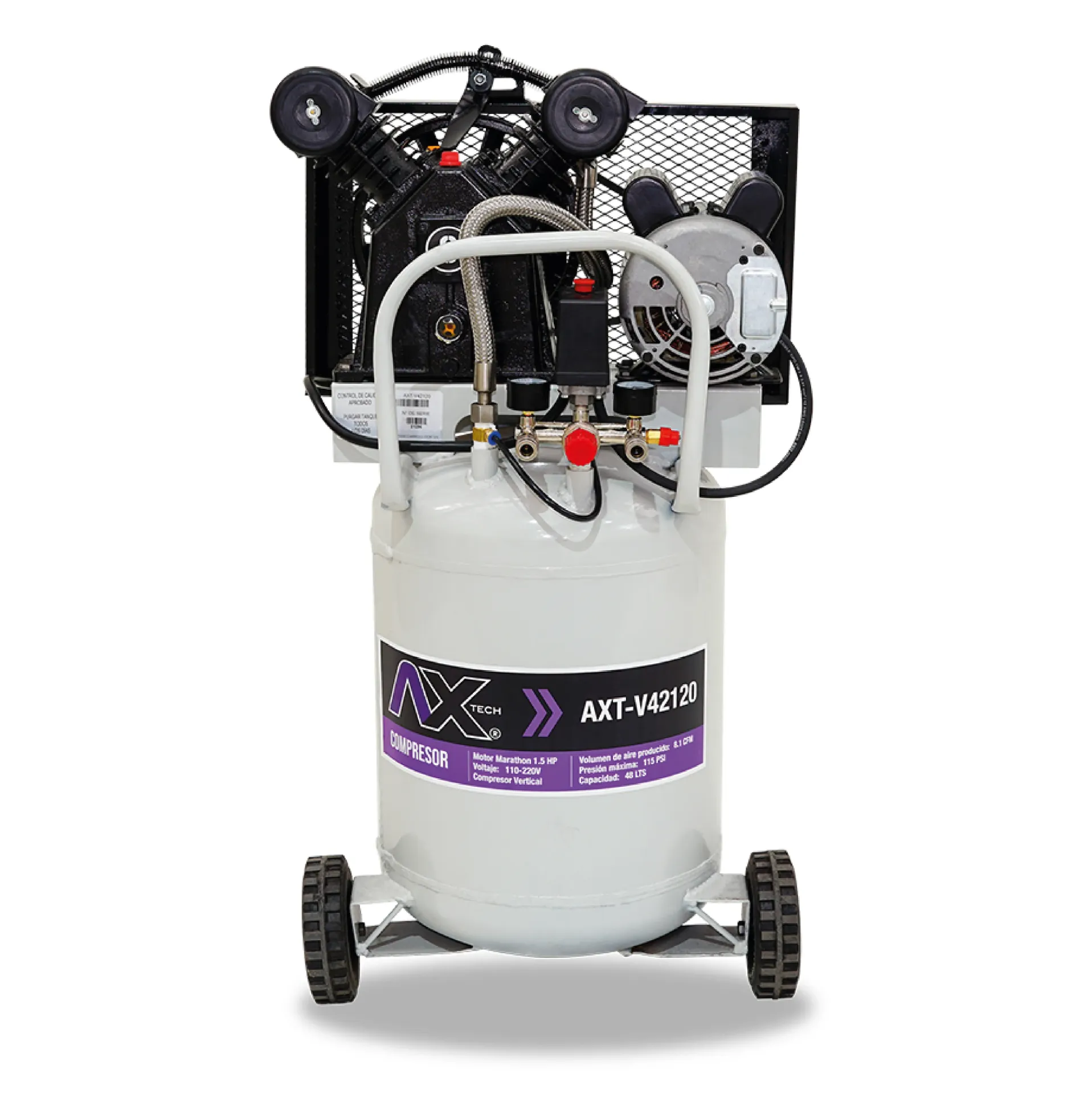 [AXT-V42120] COMPRESOR VERTICAL 48Lts CABEZAL 2 PISTONES EN V MOTOR MARATHON 1.5HP, 110-220V, 8.1CFM, 115PSI