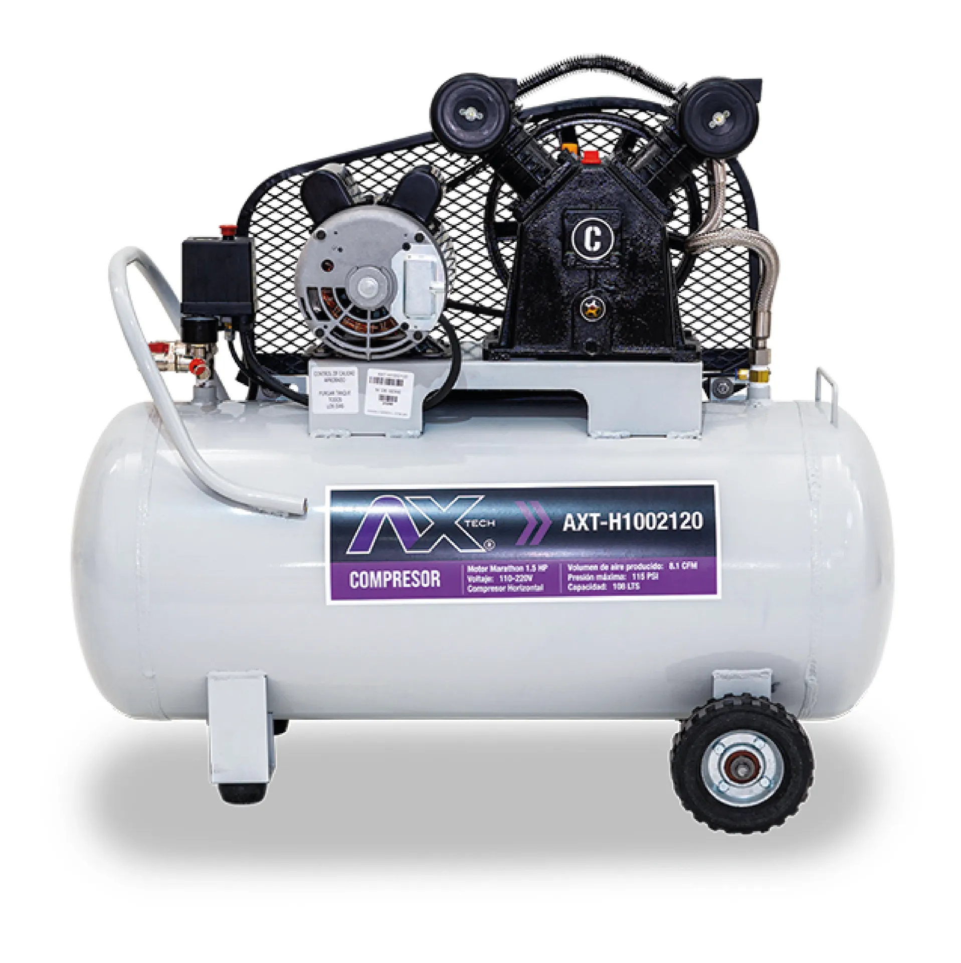 [AXT-H1002120] COMPRESOR HORIZONTAL 108Lts CABEZAL 2 PISTONES EN V MOTOR MARATHON 1.5HP, 110-220V, 8.1CFM, 115PSI