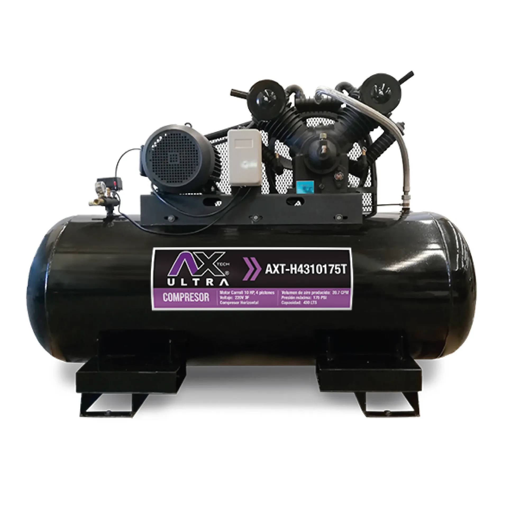 [AXT-H4310175T] COMPRESOR HORIZONTAL 430Lts CABEZAL 4 PISTONES EN V MOTOR CARROLL 10HP,220V 3PH, 39.7CFM, 175PSI