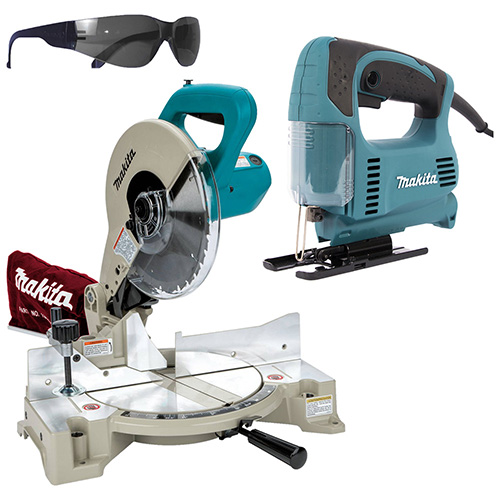 COMBO SIERRA DE INGLETE COMPUESTA 10 1,650W C/FOCO + SIERRA CALADORA 4326 + LENTES MAKITA