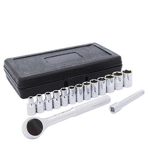 JUEGO DE DADOS Y ACCESORIOS METRICO DE 1/4 C/15 PZAS. EN ESTUCHE DE PLASTICO