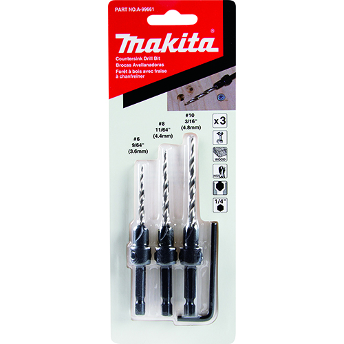 JUEGO DE AVELLANADORES PARA MADERA 3 PZAS. Nos.. 6, 8 y 10 (9/64-11/64-3/16)