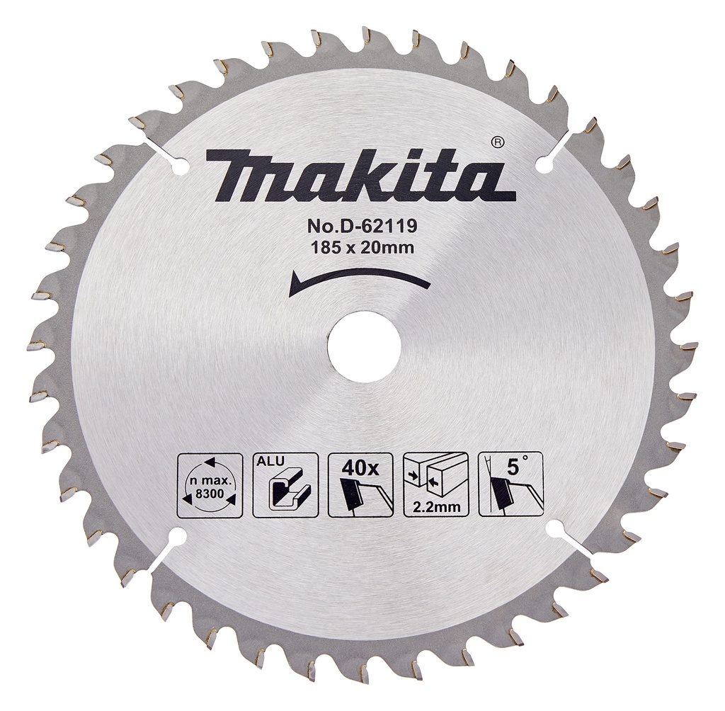 DISCO C/PASTILLAS DE CARBURO P/SIERRA CIRCULAR DE 7-1/4" X 5/8" X 40 DIENTES TCG PARA ALUMINIO