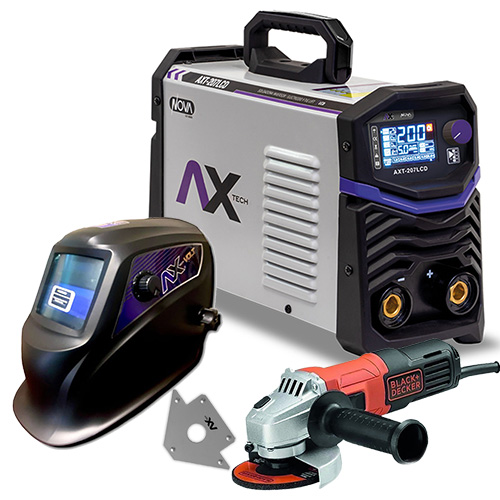 [AXT-207LCD-C1] COMBO SOLDADORA INV 200A BIVOLT+CARETA ELEC+MINI ESMERILADORA+ESCUADRA MAGNETICA