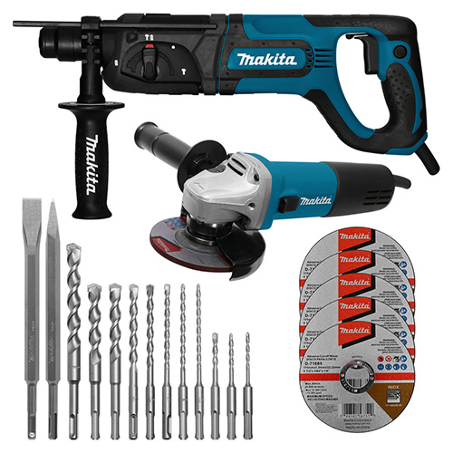 [MAK-HR2475X4+C02] COMBO ROTOMARTILLO SDS PLUS 15/16 (INCLUYE MINIESMERILADORA 4 1/2 9557NBG + KIT DE BROCAS Y CINCELES D-31734 + 5 DISCOS D-71685)