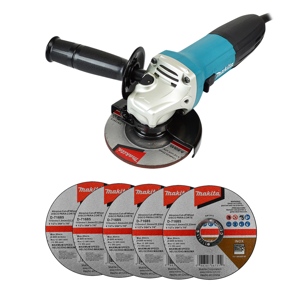 [MAK-GA4530+C01] COMBO MINIESMERILADORA 4 1/2 710W + 5 DISCOS DE CORTE MAKITA D-71685