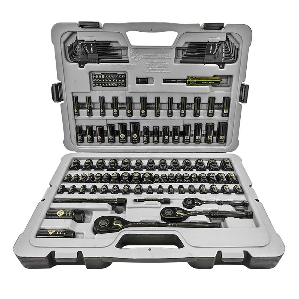 [STA-STMT74084] JUEGO DE MECANICO DE 143 PZAS CROMO NEGRO CON CUADROS DE ¼, 3/8 Y ½ C/ESTUCHE