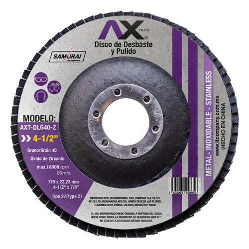 DISCO LAMINADO PARA DESBASTE Y PULIDO GRANO 40 4-1/2 DE OXIDO DE ZIRCONIO