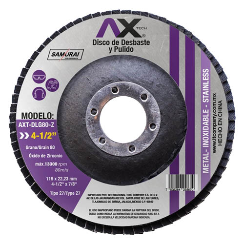 DISCO LAMINADO PARA DESBASTE Y PULIDO GRANO 80 4-1/2 DE OXIDO DE ZIRCONIO