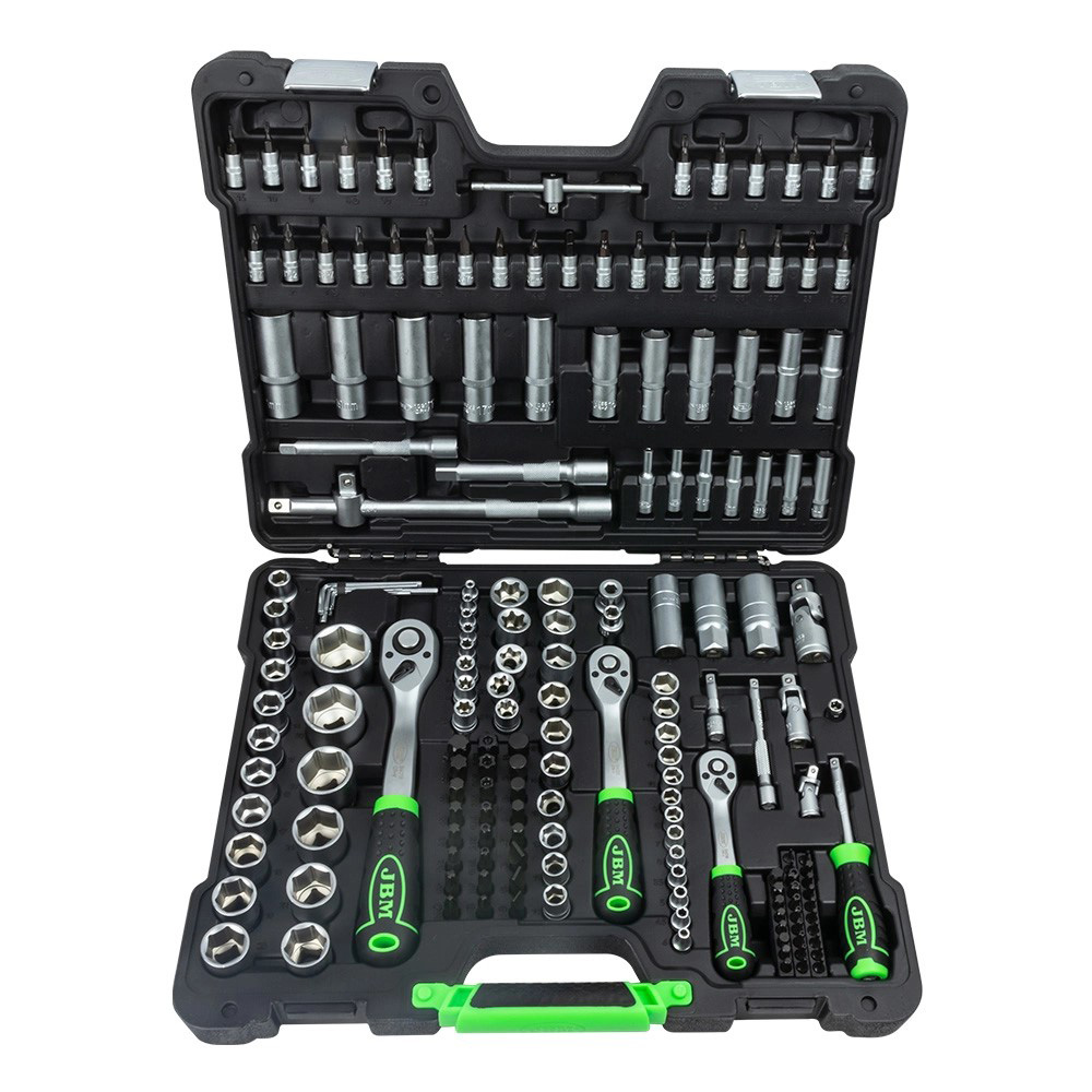 JUEGO DE MECANICO DE 179 PZAS DE 1/2 3/8 Y 1/4 C/PUNTAS DIVERSAS PARA DADOS Y DESTORNILLADOR DADOS LARGOS Y CORTOS MM CROMADO C/ESTUCHE