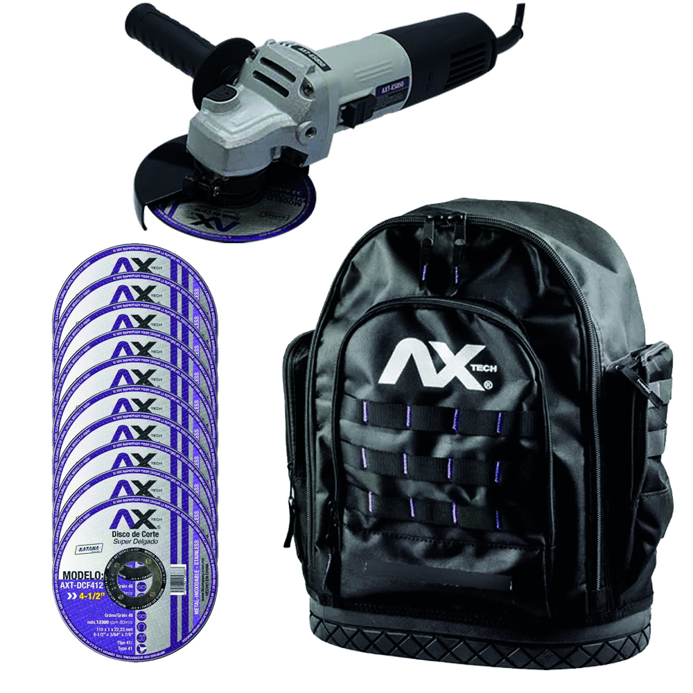 COMBO MOCHILA AXT P/HERRAMIENTAS C/BASE DE HULE Y RESPALDO ACOLCHADO + MINIESMERILADORA DE 4 1/2 DE 850W AXT + 10 DISCOS DE CORTE DE 4 1/2 AXT