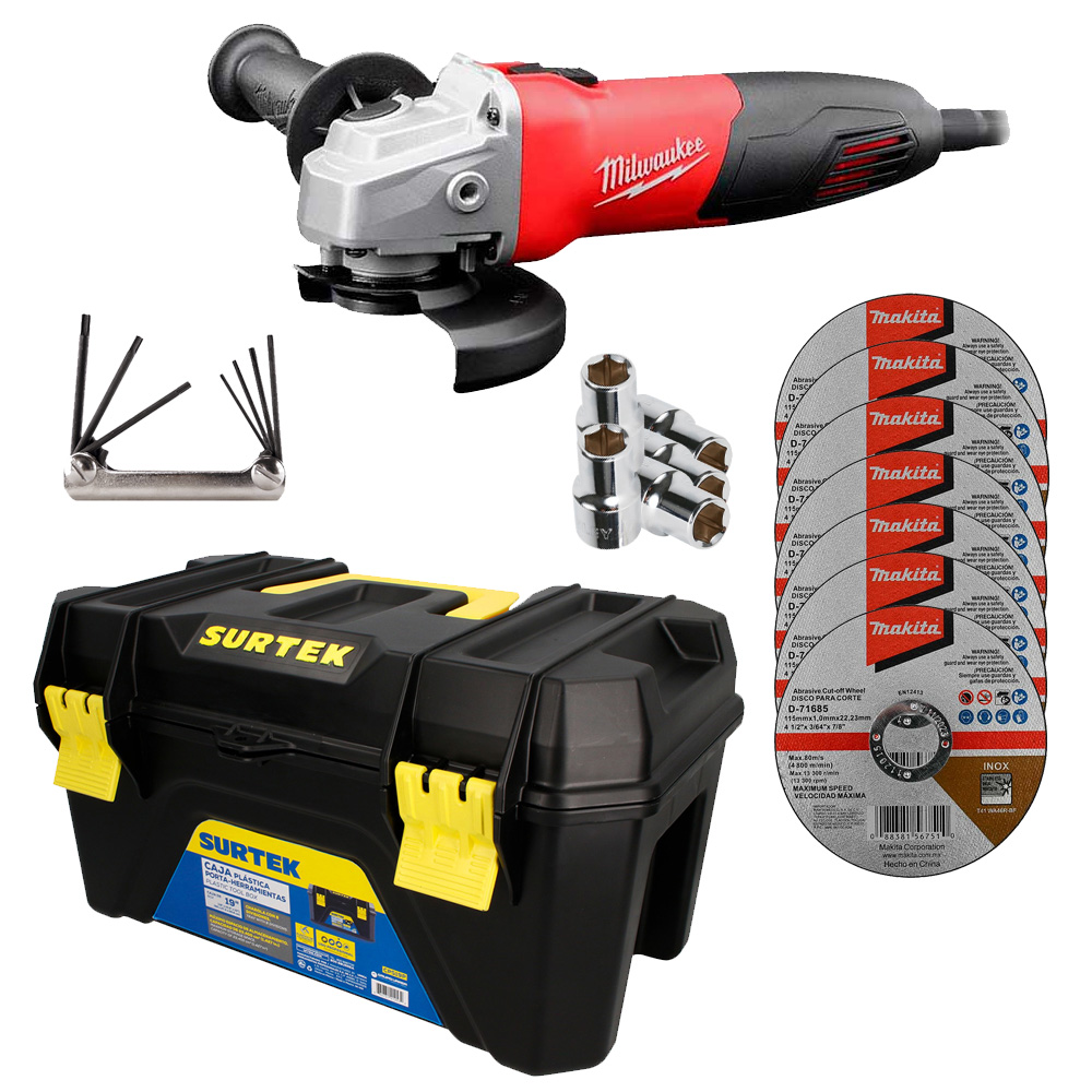 [MIL-P422-6130+C01] COMBO MINI 4 1/2 750W + 3 DISCOS MIL + 7 DISCOS D-71685 + 5 DADOS DE 1/2 + CAJA HTAS CPS19P + 2 JGOS ALLEN IRW