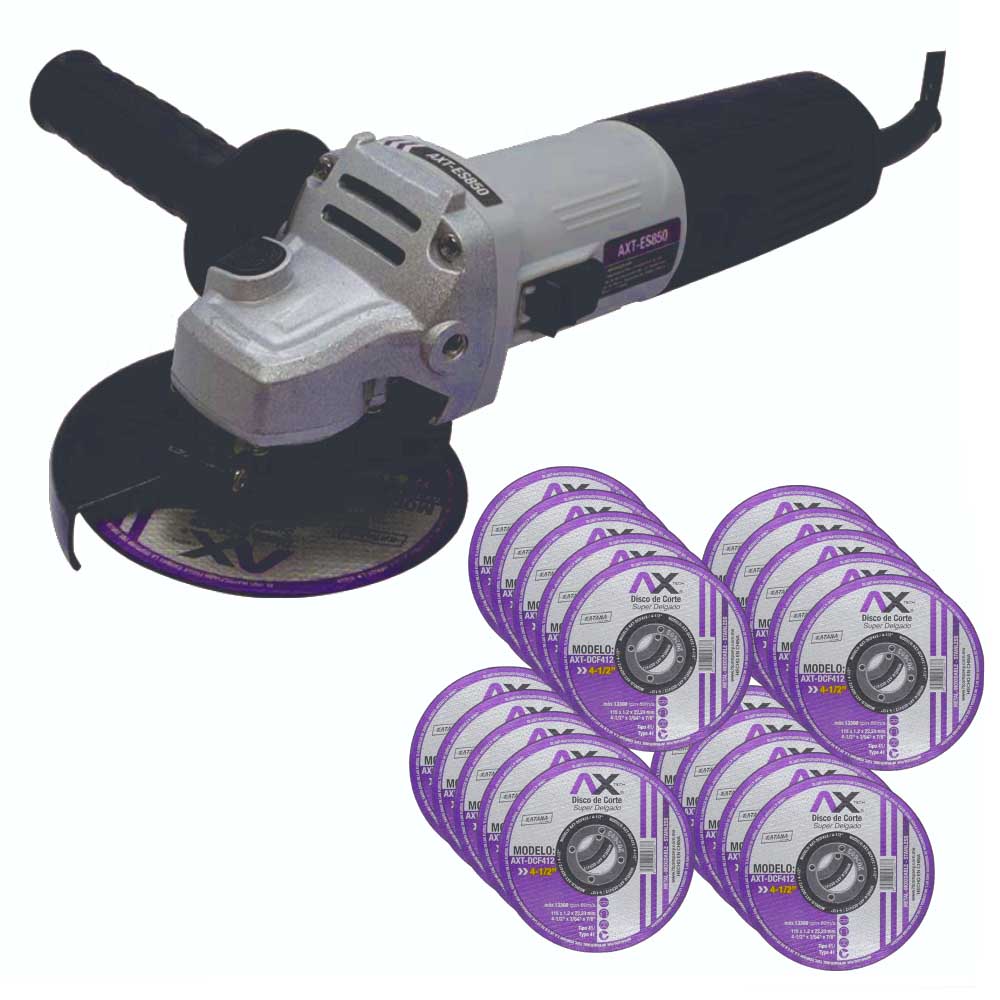 [AXT-ES850-C1] COMBO MINIESMERILADORA 4 1/2" 850 WATTS AXT-ES850 + 20 DISCOS P/CORTE SUPER DELGADO DE 4 1/2" X 1.2MM X 7/8" AXT-DCF412