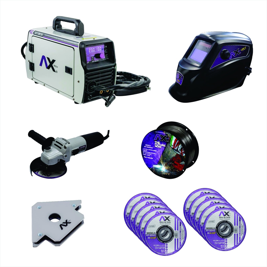COMBO SOLDADORA INVERSOR MIG/MAG/MMA Y TIG LIFT, 110 V, 140 AMP C/CARETA, MINI AXT-ES850, ESCUADRA MAGNETICA, ROLLO DE MICRO Y 10 DISCOS AXT-DCF412