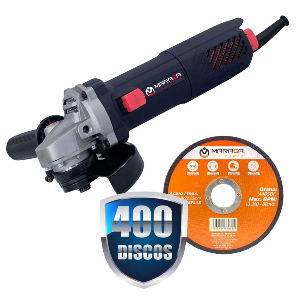 COMBO DE 400 DISCOS DE CORTE 4 1/2 MARAGA DA450878FL4X P/USO RUDO+MINIESMERILADORA 4 1/2 DE 850 WATTS MOD. MP850A