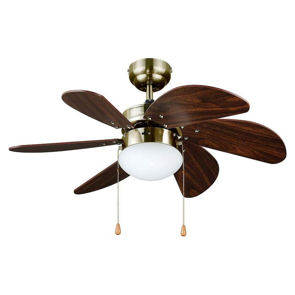 [AXO-V3002] VENTILADOR DE TECHO DE 30 PULGADAS DE 60 WATTS CON LUZ Y CADENA COLOR LATON ANTIGUO Y ASPAS COL MADERA MOD. VENTUM