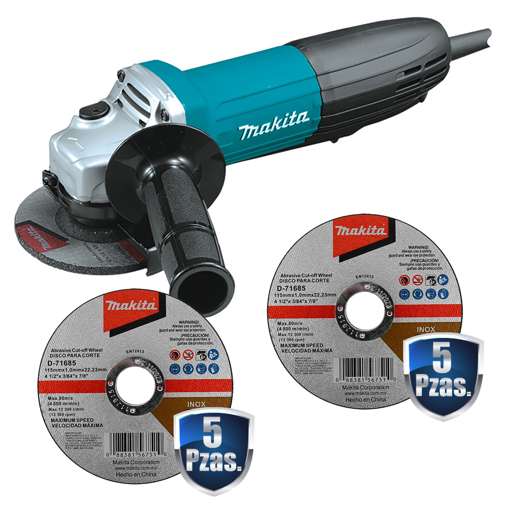 [MAK-GA4534+C01] COMBO MINIESMERILADORA 4 1/2 720 W 11,000 RPM C/SWITCH TIPO PALETA +10 DISCOS DE CORTE MAKITA D-71685