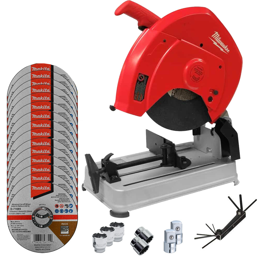 [MIL-6177-20+C02] CORTADORA DE METALES 14 15 AMP (1,800W)+15 DISCOS MAKITA DE 4 1/2 D-71685+KIT DE ACCESORIOS STANLEY E IRWIN
