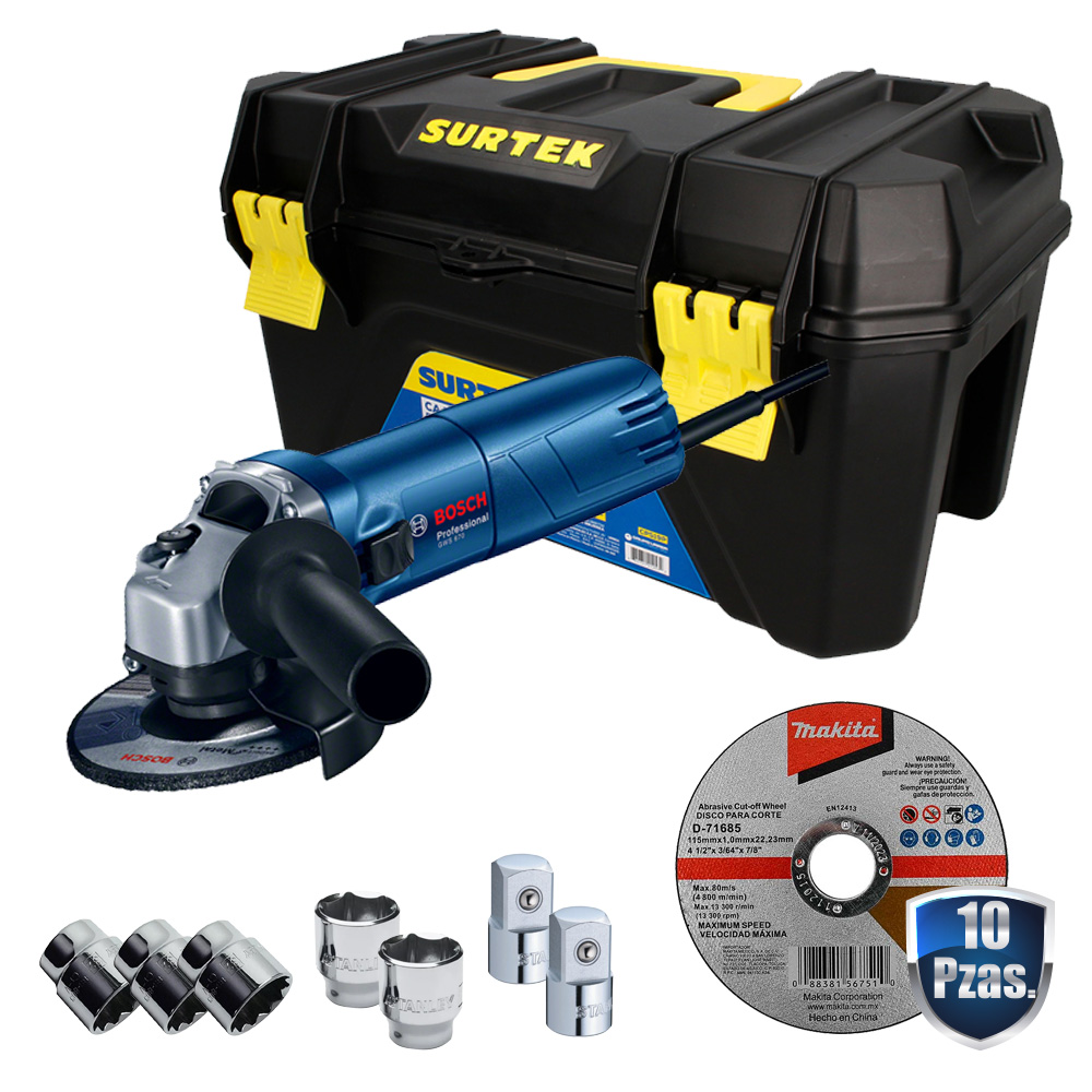 MINIESMERILADORA 4 1/2 670 WATTS C/EJE M14+10 DISCOS MAKITA D-71685+CAJA HERRAMIENTAS 19"+KIT DE ACCESORIOS