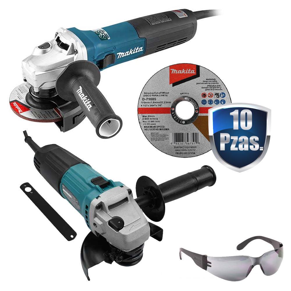 [MAK-GA4592X02+C01] COMBO MINIESMERILADORA 4 1/2 1900 WATTS 15 AMPS+10 DISCOS D/CORTE+MINIESMERIL 4 1/2 MT-M0901B+LENTES MAKITA