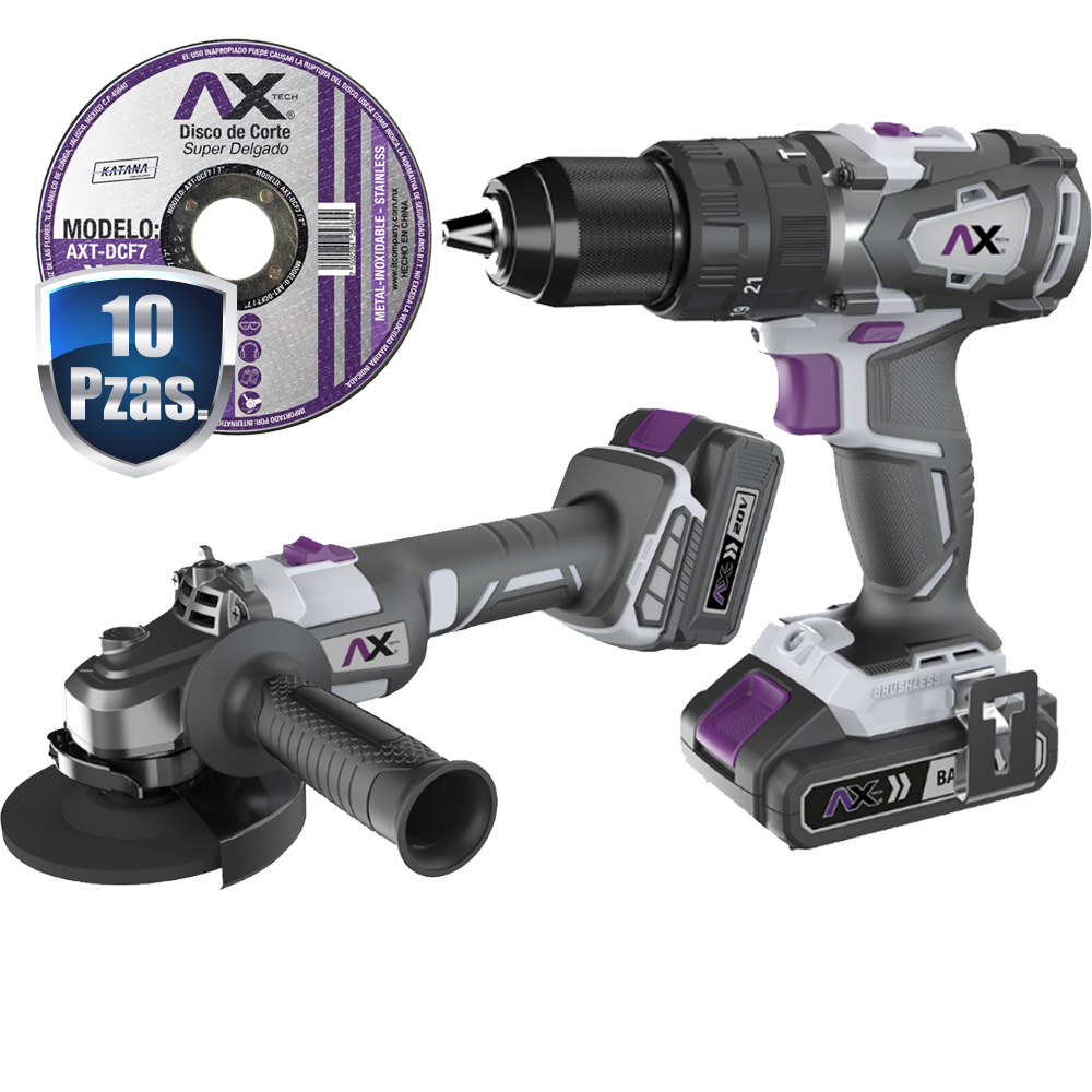 [AXT-KITER20V] COMBO ESMERILADORA 4 1/2 Y TALADRO/ROTOMARTILLO 20 V C/MALETIN 2/BAT. +10 DISCOS 4 1/2" CORTE AXT