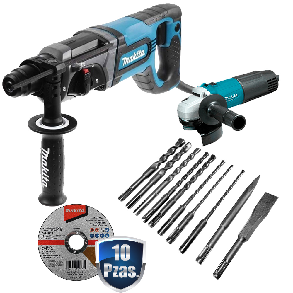 [MAK-HR2475+C02] COMBO ROTOMARTILLO SDS PLUS 15/16 + MINIESMERILADORA 4 1/2 M0901B+KIT DE BROCAS D-45820+10 DISCOS D-71685