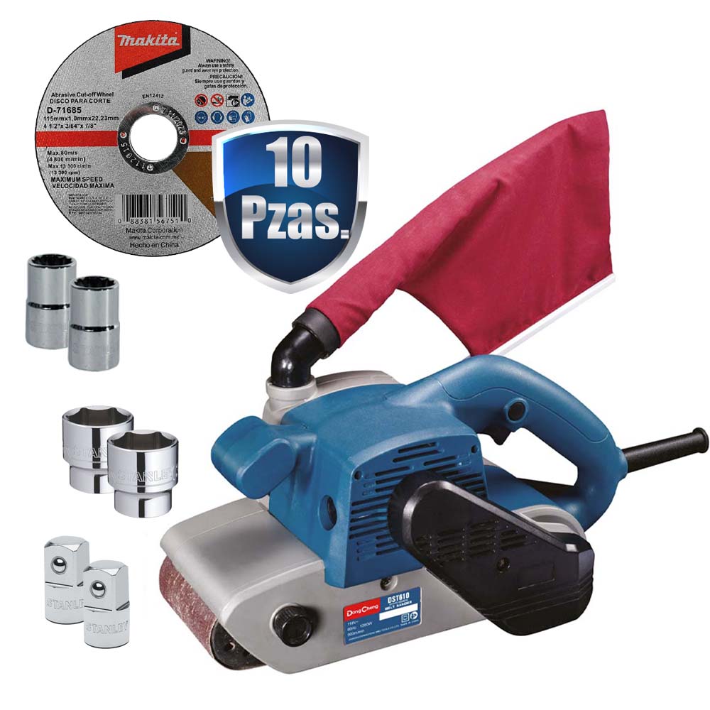 [DCH-DST610+C01] COMBO LIJADORA DE BANDA DE 4 x 24 1200 WATTS C/BOLSA + 6 DADOS Y ADAPT STANLEY + 10 DISCOS MAKITA