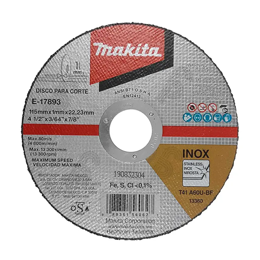 DISCO P/CORTE METAL ACERO INOXIDABLE SUPERDELGADO 4 1/2 X 1 mm X 7/8 (SUBSTITUYE A MAA-B12457) NUEVO MODELO