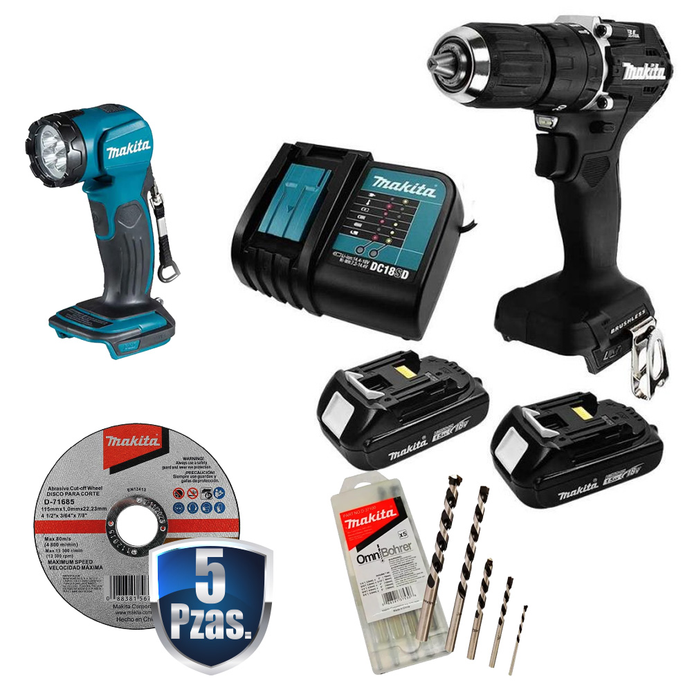 [MAK-DHP487YX2B+C01] COMBO TAL/ROTOM/ATORN NEGRO 1/2 S/CARB 18V 2 BAT 1.5 AMP+LAMPARA INAL MAKITA+KIT DE 5 BROCAS+5 DISCOS MAK