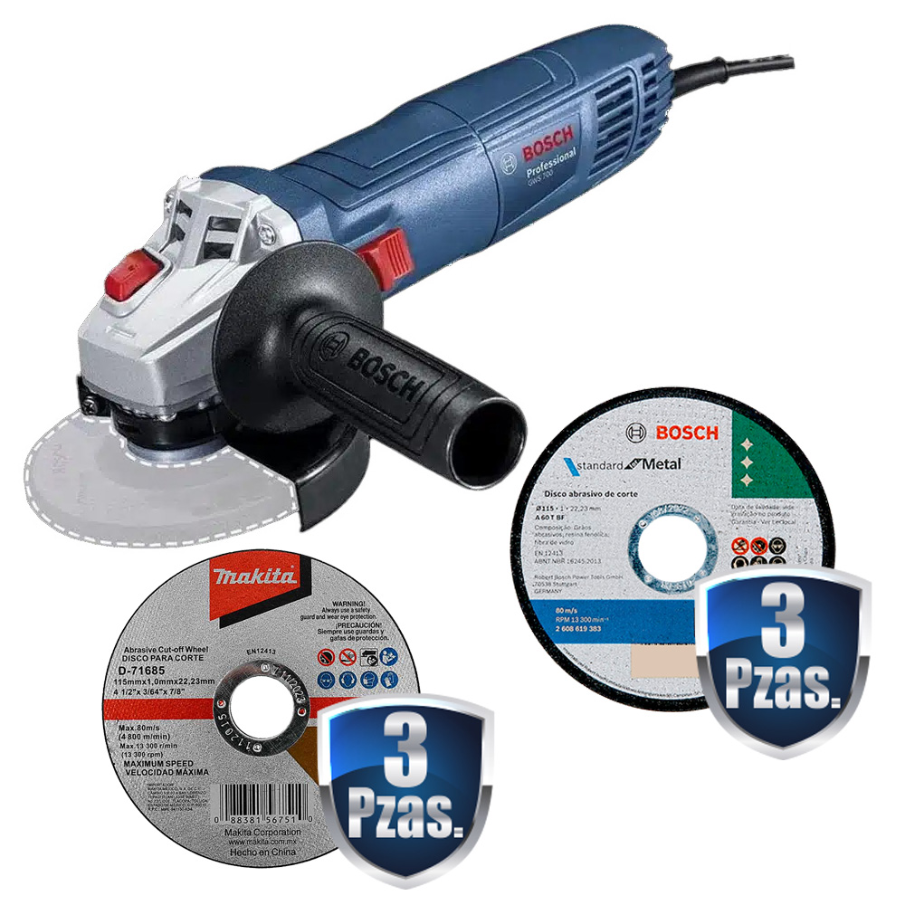 COMBO MINIESMERILADORA DE 4 1/2 710W C/FLECHA 5/8 MOD GWS 700 + 6 DISCOS DE CORTE BOSCH Y MAKITA