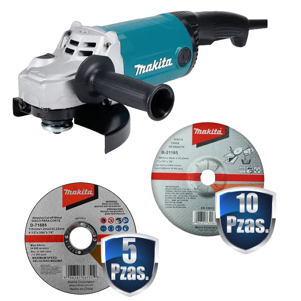 [MAK-GA7090+C01] COMBO ESMERILADORA 7 PULG 2200 W (ESP. P/CORTE Y DESB. METAL)+10 DISCOS P/DESB. B-21185+5 DISCOS CORTE 4 1/2