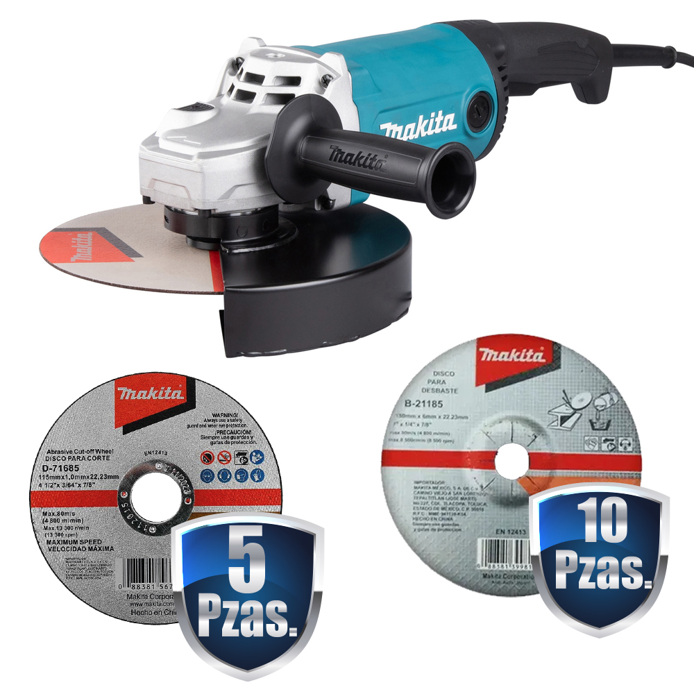[MAK-GA9090+C01] COMBO ESMERILADORA 9 PULG 2200 W (ESP. P/CORTE Y DESB. METAL)+9 DISCOS P/DESB. B-21185+5 DISCOS CORTE 4 1/2