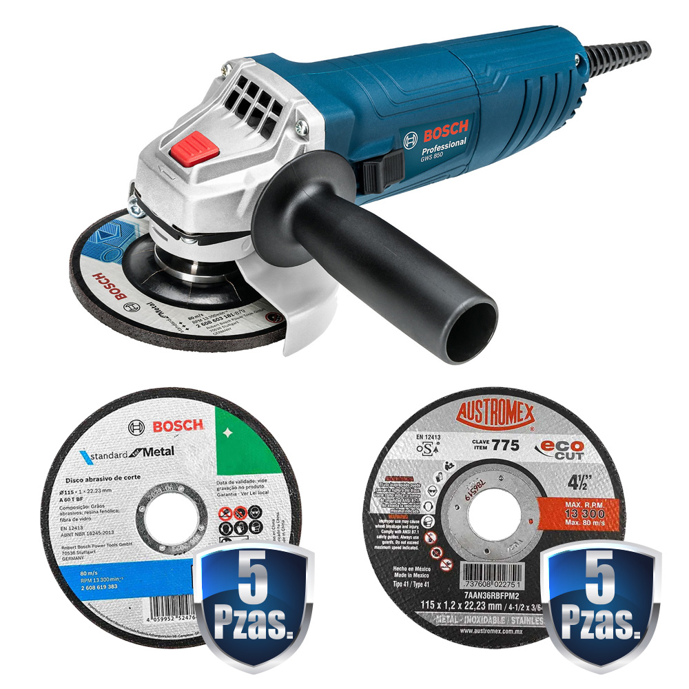 COMBO MINIESMERILADORA 4 1/2 850W C/EJE M14 NUEVO MODELO+5 DISCOS DE CORTE BOSCH+5 DISCOS DE CORTE MAKITA