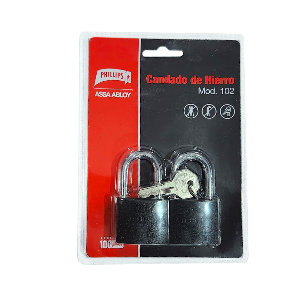 CANDADO DE HIERRO ACABADO COLOR NEGRO GANCHO LARGO GEMELO 2 PZAS MODELO 102 DE 38 MM (PHI-102)