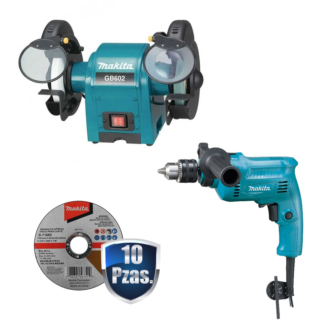 [MAK-GB602+C01] COMBO ESMERIL DE BANCO 6" 2,850 RPM 1/3HP 250 WATTS+ROTOMARTILLO DE 1/2 570 WATTS+10 DISCOS MAKITA D-71685