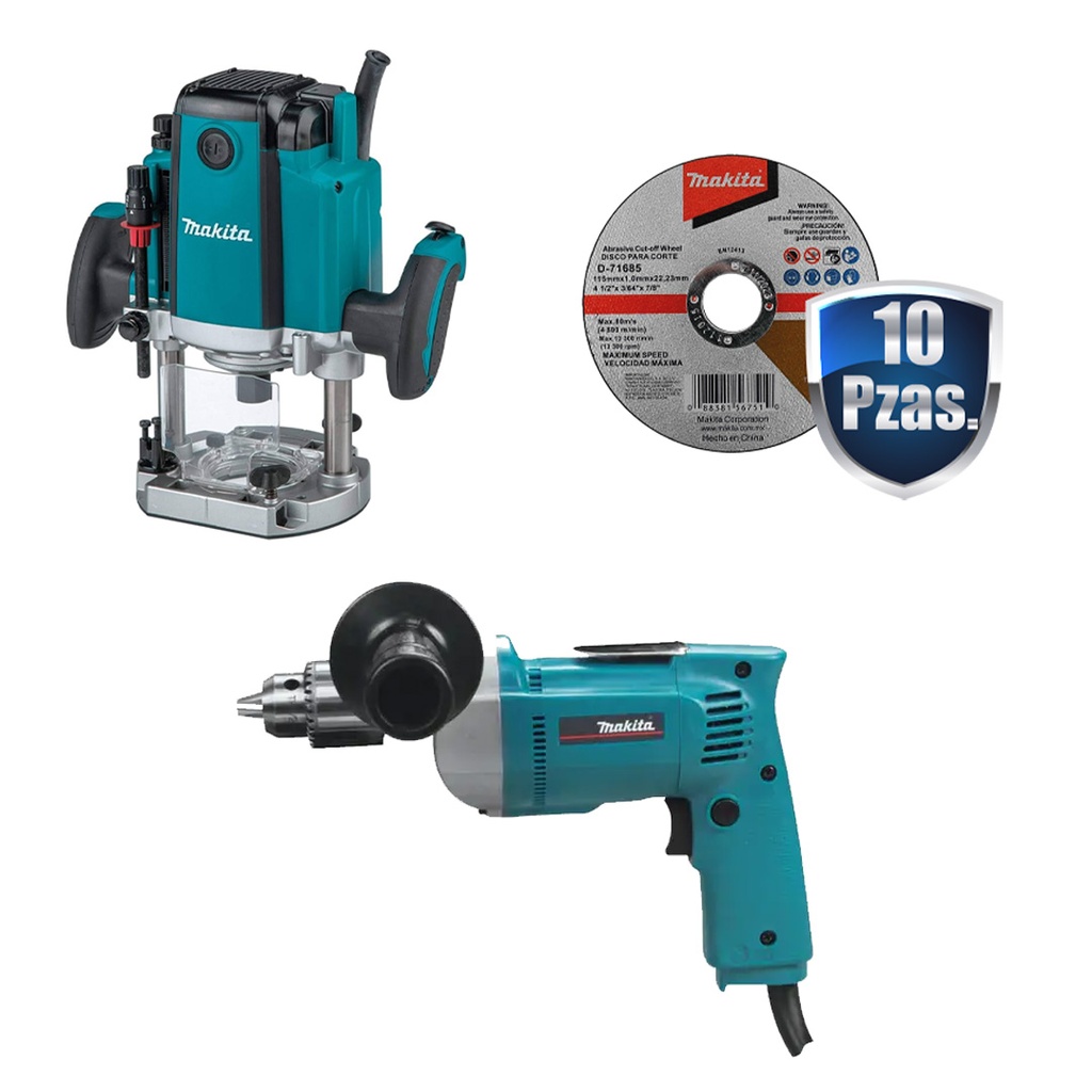 [MAK-RP1800+C01] COMBO ROUTER 3 1/4HP 1/4/1/2 VV 9000-23,000RPM 1850W+TALADRO 1/2 VVR 0-550RPM 740W+10 DISCOS MAKITA D-71685