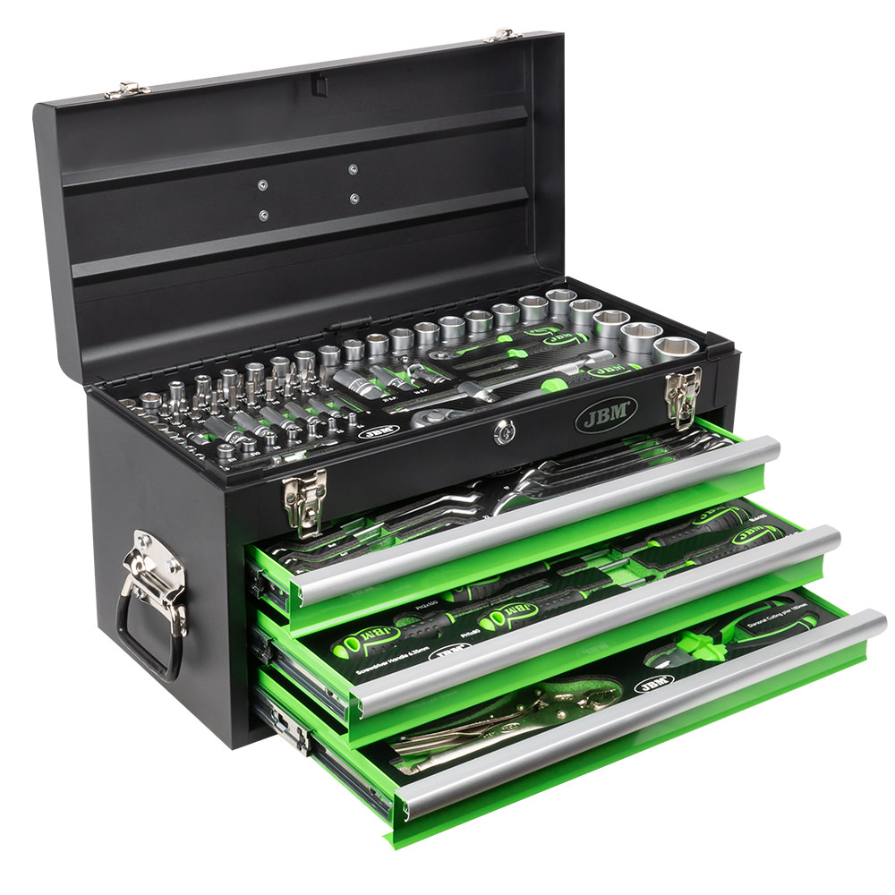 CAJA DE HERRAMIENTAS METALICA C/3 PANELES FRONTALES INCLUYE 143 PIEZAS DIFERENTES Y COMPARTIMIENTO SUPERIOR