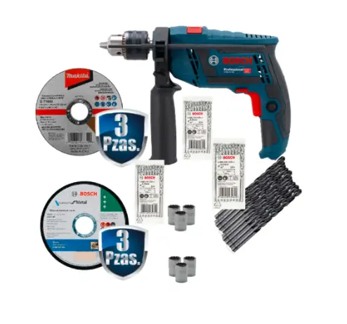COMBO ROTOMARTILLO 1/2 750W GSB 13RE+6 DISCOS 4 1/2 BOSCH Y MAKITA+MALETA P/HTA LONA DE USO RUDO+6 DADOS STANLEY