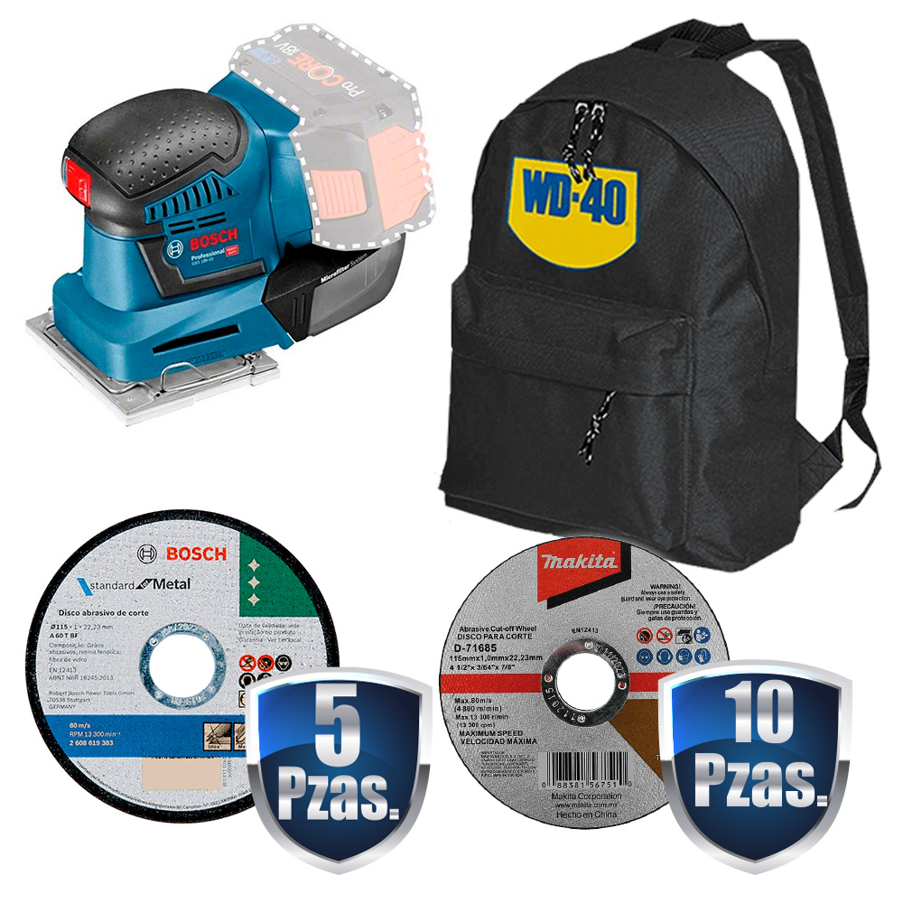 COMBO LIJADORA ORBITAL 18V S/BAT+CARGADOR RAPIDO BOSCH+5 DISCOS DE CORTE BOSCH+10 DISCOS DE CORTE MAKITA