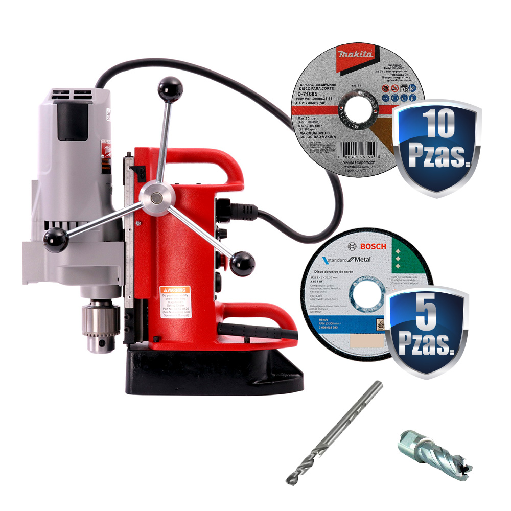 [MIL-4210-1+C01] COMBO TALADRO MAG BASE FIJA 3/4 1,500W C/BROQ 3/4 Y LLAVE+BROCA PILOTO+2 CORTADORES ANULAR+15 DISCOS CORTE