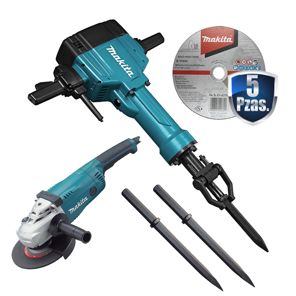 [MAK-HM1801+C03] COMBO MARTILLO DEMOLEDOR ZANCO 1 1/8 1,900W 30KGS+2 CINCEL HEX+5 DISCOS MAKITA 7+ESMERILADORA GA7020 DE 7