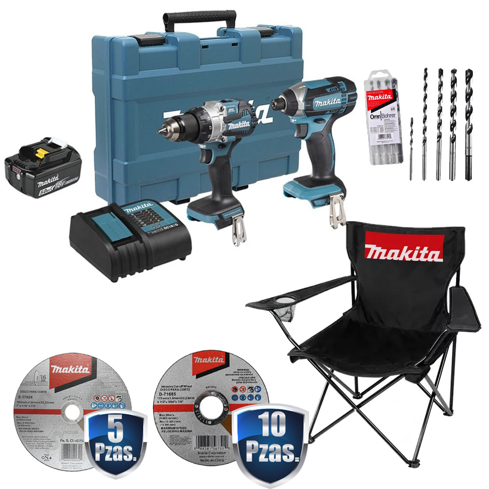 [MAK-DLX2523ST+C01] COMBO ROTOMARTILLO 1/2+ATORNILLADOR IMP 1/4+1 BAT 5AMP+10 DISCOS 4 1/2+5 DISCOS DE 7+JGO DE BROCAS+SILLA CAMPING