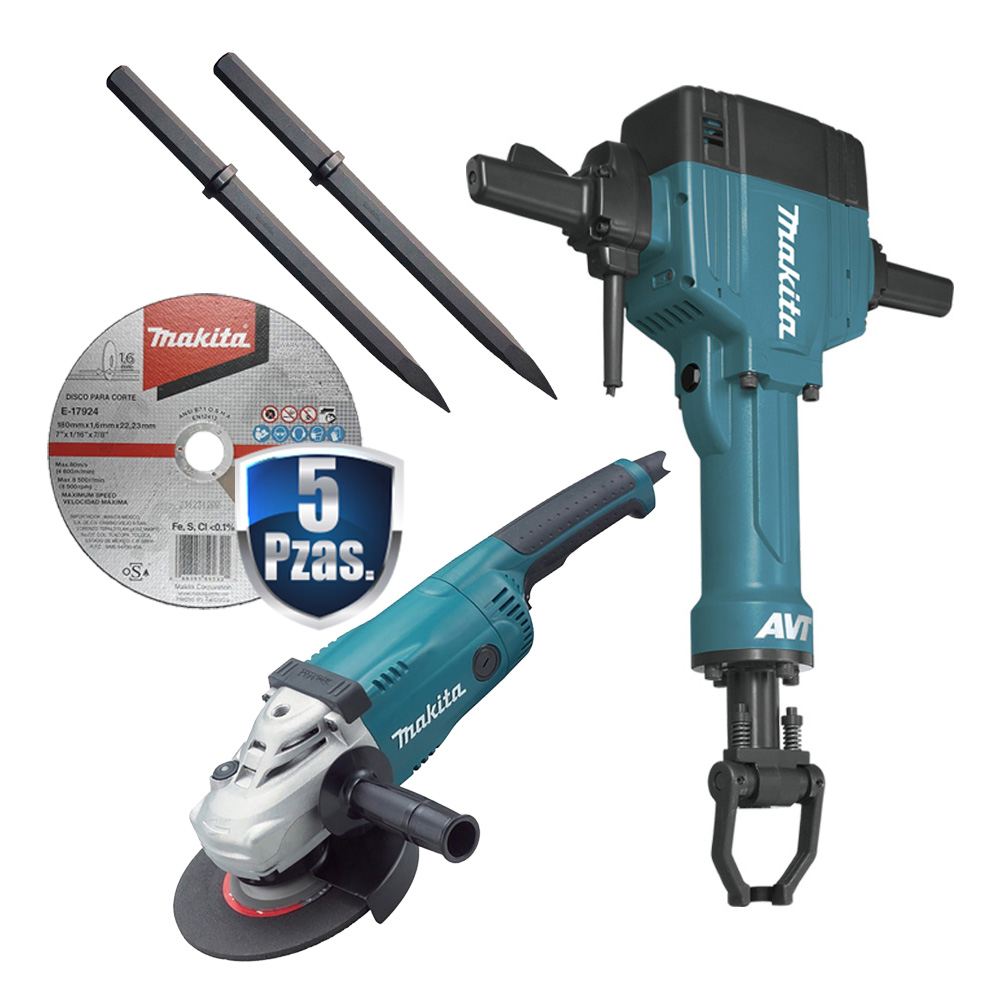 [MAK-HM1810+C02] COMBO MARTILLO DEMOLEDOR DE 1 1/8 ZANCO HEX 30KG AVT 1900W+ESM DE 7 GA7020+5 DISCOS DE 7+2 CINCELES PUNTA