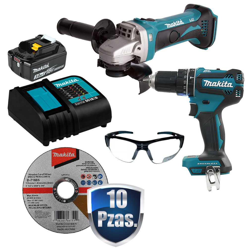 [MAK-DLX2401ST+C01] COMBO MINIESMERILADORA INAL. 4 1/2 18 V+ROTOMARTILLO DE 1/2+BATERIA 5 AMP+CARGADOR+10 DISCOS+LENTES MAKITA